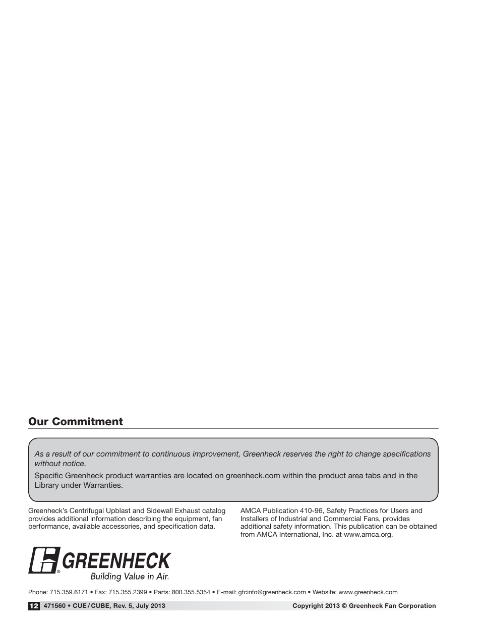 Our commitment | Greenheck CUE/CUBE (471560) User Manual | Page 12 / 12