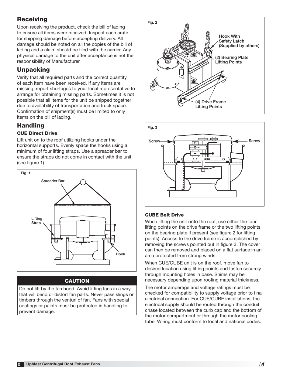 Receiving, Unpacking, Handling | Greenheck CUE/CUBE (471560) User Manual | Page 2 / 12