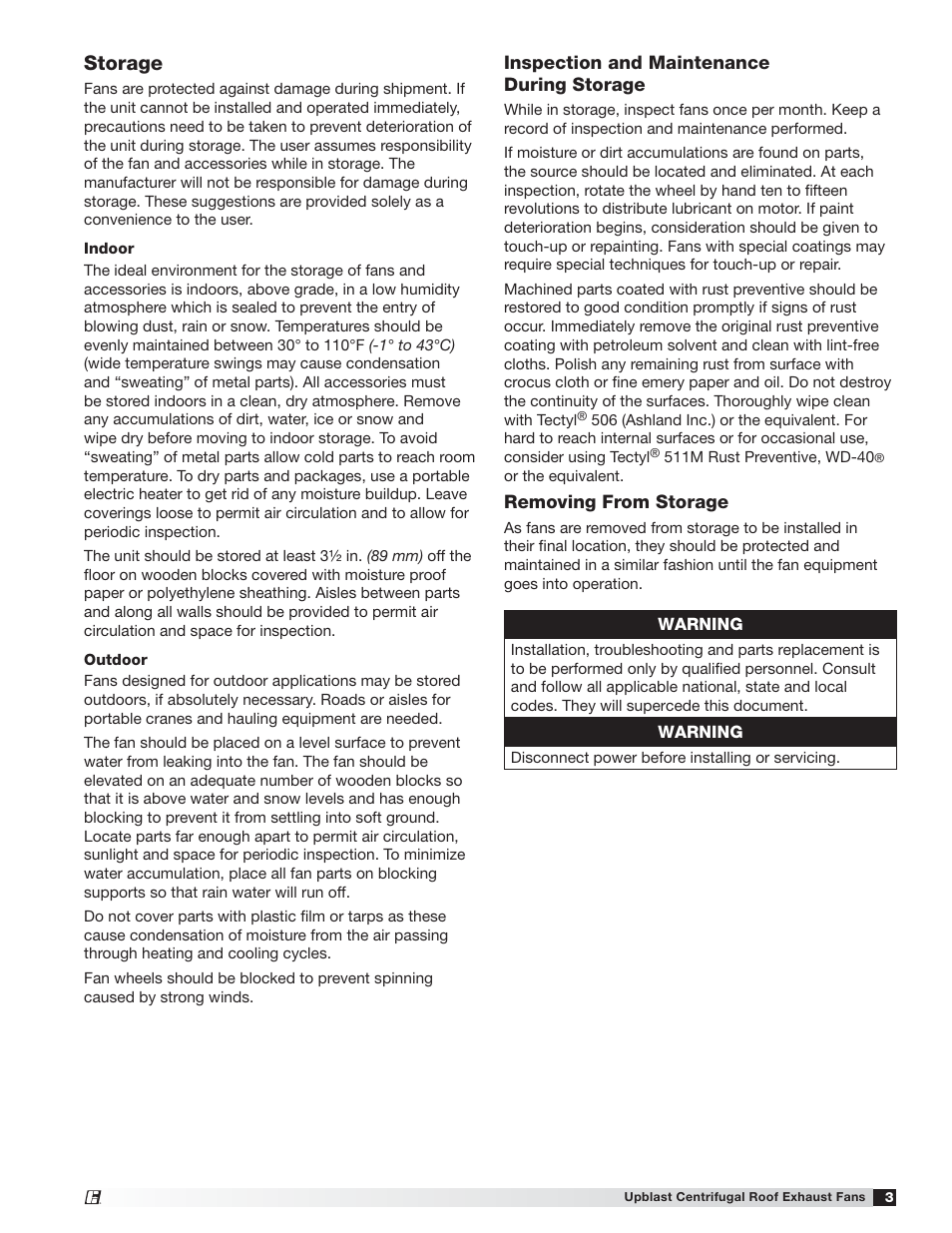Storage | Greenheck CUE/CUBE (471560) User Manual | Page 3 / 12