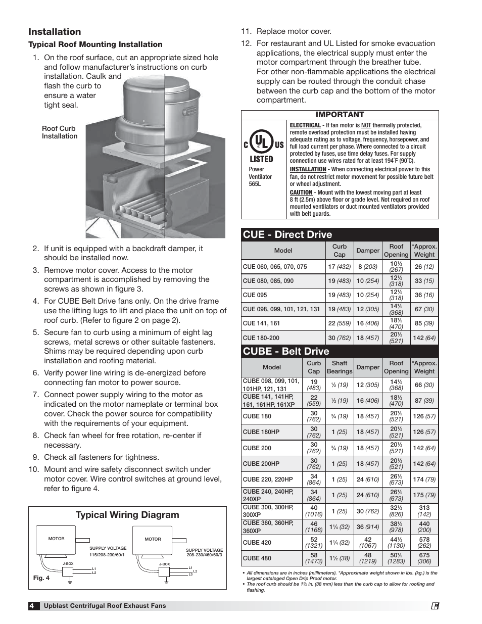 Cue - direct drive, Cube - belt drive, Installation | Typical wiring diagram, Caulk and rb to ater, Important | Greenheck CUE/CUBE (471560) User Manual | Page 4 / 12