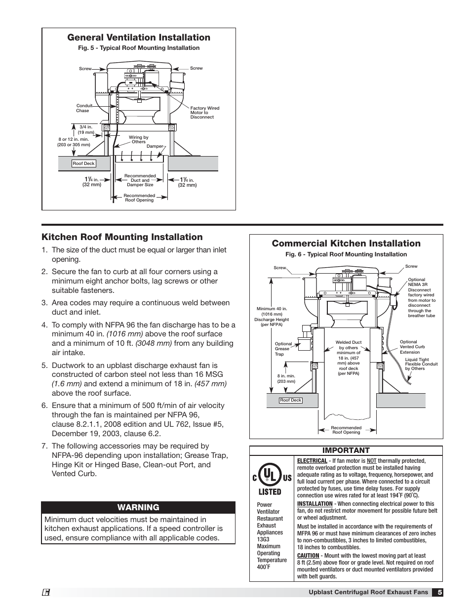 General ventilation installation, Commercial kitchen installation, Kitchen roof mounting installation | Warning | Greenheck CUE/CUBE (471560) User Manual | Page 5 / 12