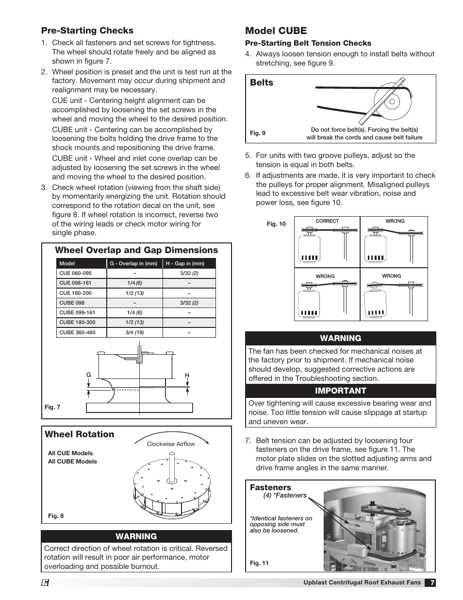 Model cube, Wheel overlap and gap dimensions, Pre-starting checks | Wheel rotation, Belts, Warning, Important, Fasteners | Greenheck CUE/CUBE (471560) User Manual | Page 7 / 12