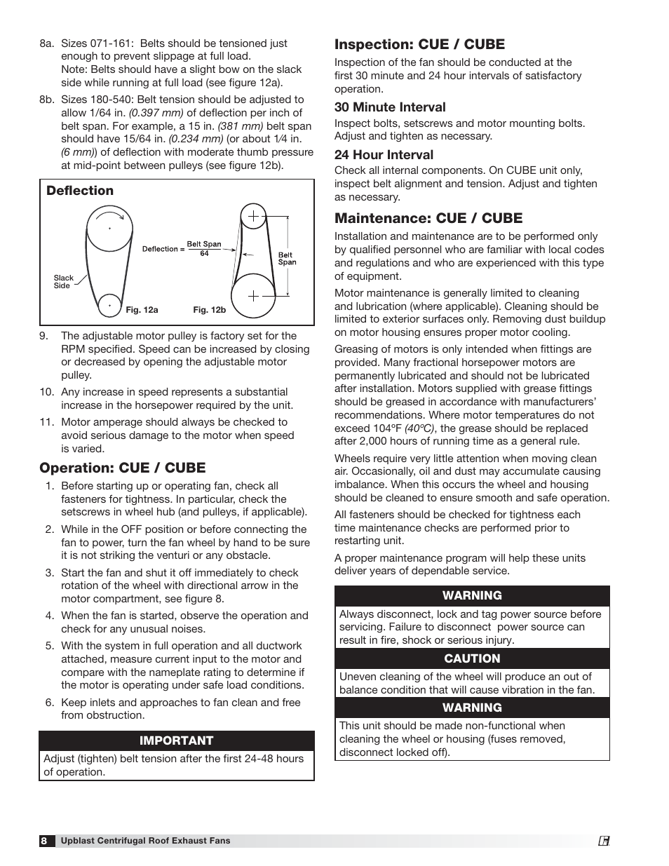 Maintenance: cue / cube, Inspection: cue / cube, Operation: cue / cube | Greenheck CUE/CUBE (471560) User Manual | Page 8 / 12