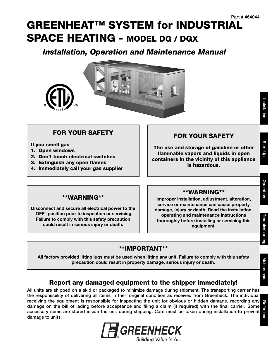 Greenheck DG / DGX Industrial Space Heating (464044 IOM) (Pre-2009) User Manual | 32 pages