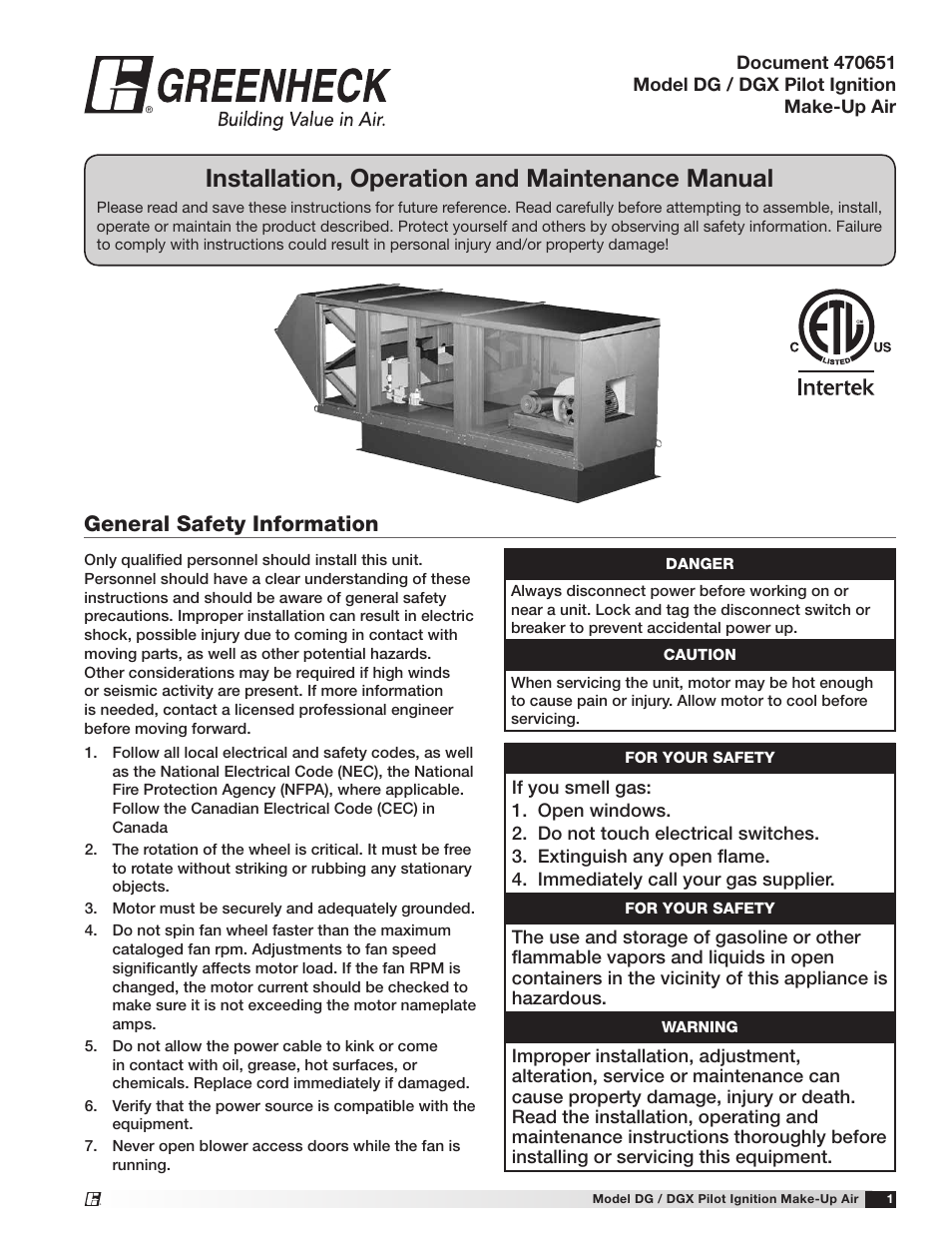 Greenheck DG/DGX Pilot Ignition (470651_IOM) User Manual | 40 pages