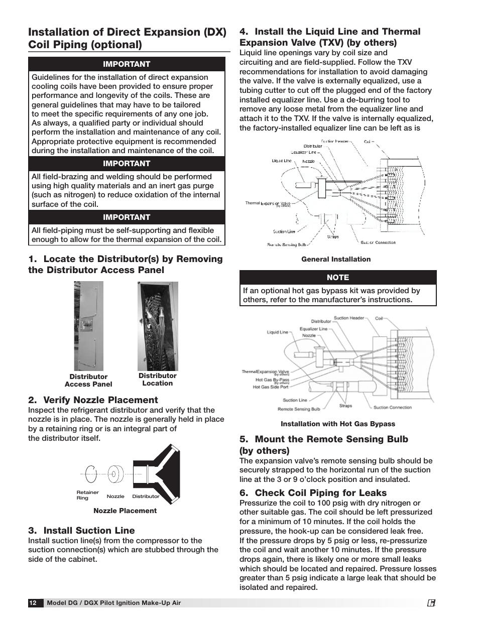 Mount the remote sensing bulb (by others), Check coil piping for leaks, Install suction line | Greenheck DG/DGX Pilot Ignition (470651_IOM) User Manual | Page 12 / 40