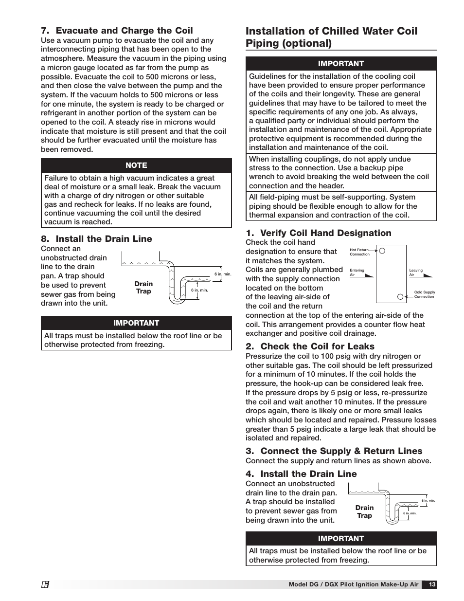 Evacuate and charge the coil, Install the drain line, Verify coil hand designation | Check the coil for leaks, Connect the supply & return lines | Greenheck DG/DGX Pilot Ignition (470651_IOM) User Manual | Page 13 / 40
