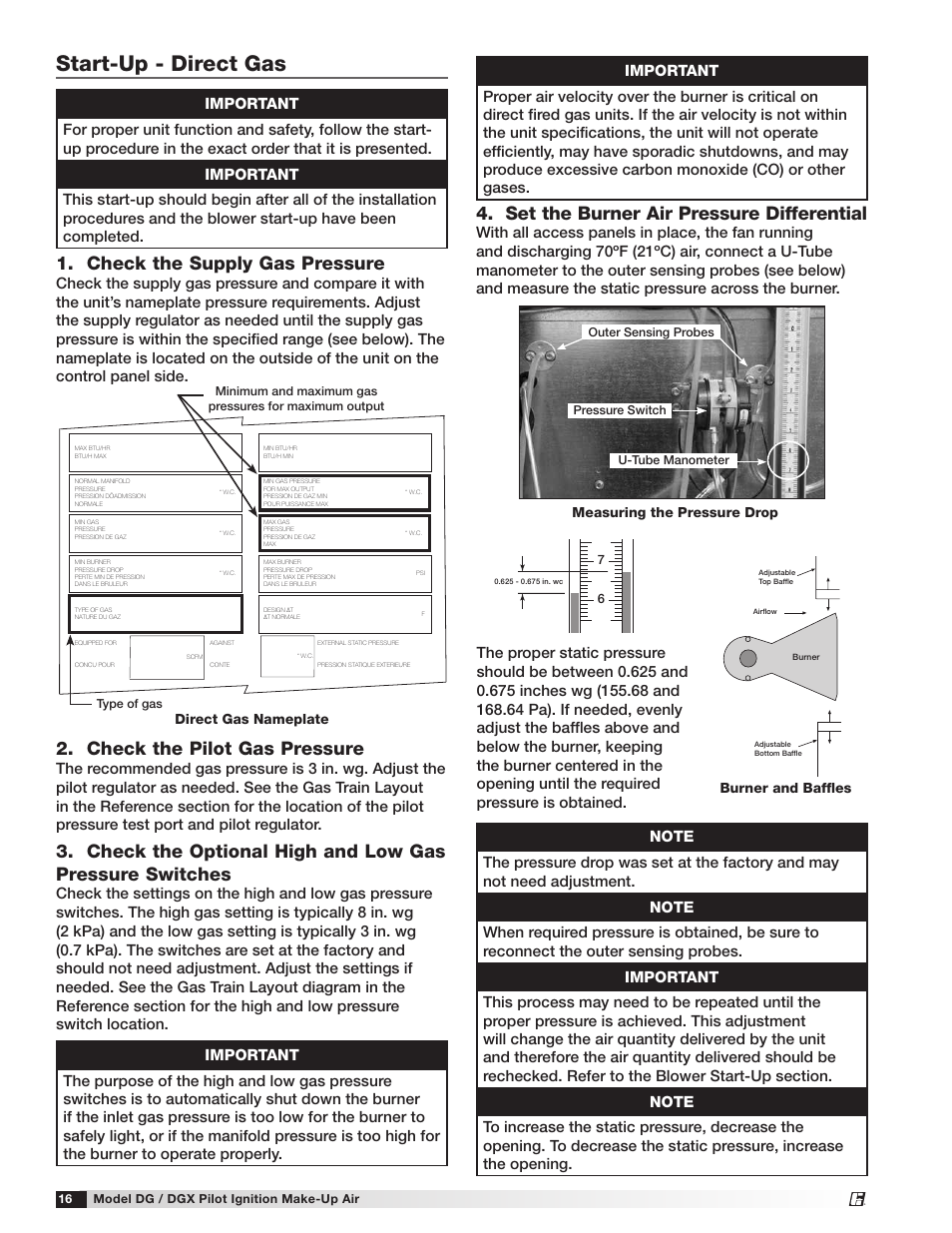 Start-up - direct gas, Check the supply gas pressure, Check the pilot gas pressure | Set the burner air pressure differential | Greenheck DG/DGX Pilot Ignition (470651_IOM) User Manual | Page 16 / 40