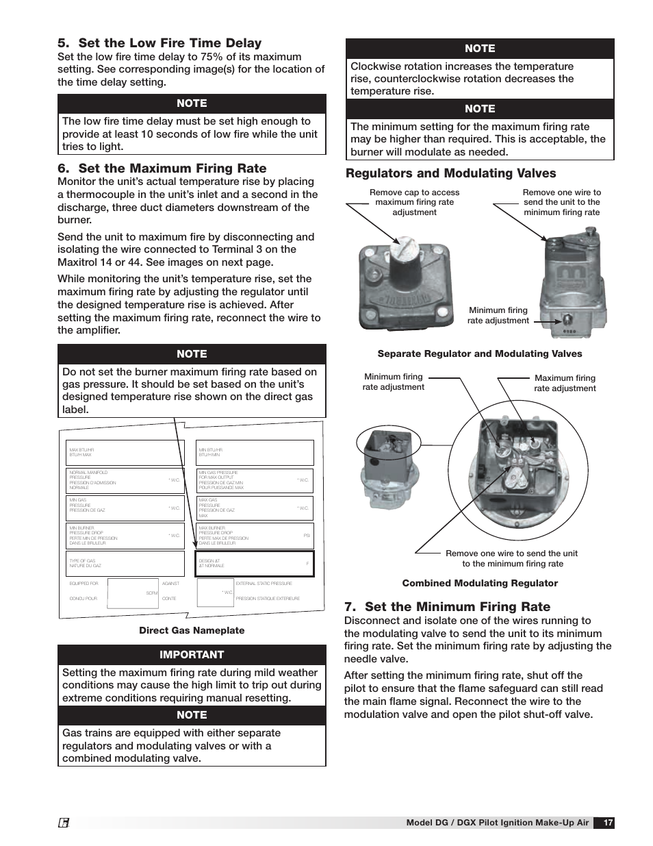 Set the maximum firing rate, Regulators and modulating valves, Set the minimum firing rate | Set the low fire time delay | Greenheck DG/DGX Pilot Ignition (470651_IOM) User Manual | Page 17 / 40