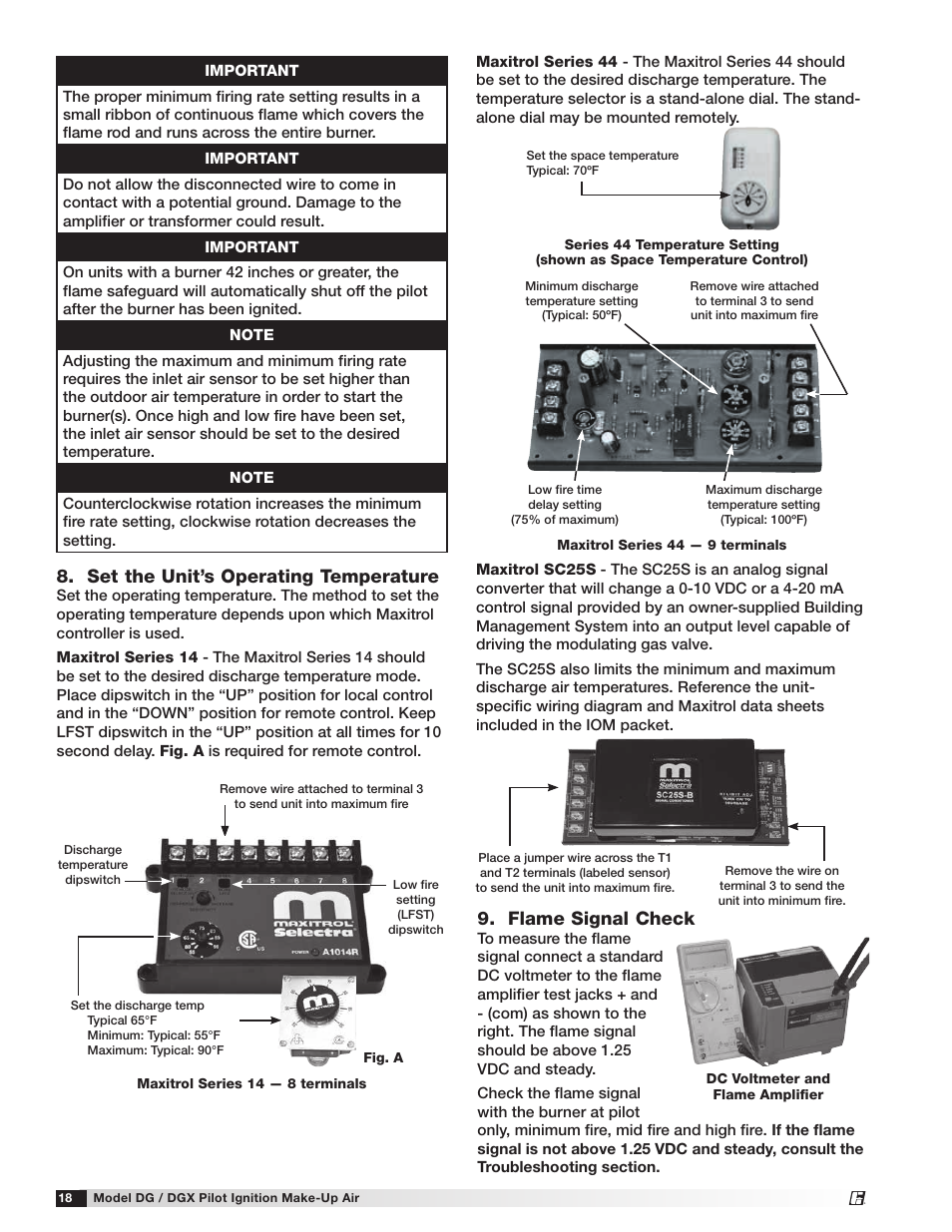 Flame signal check, Set the unit’s operating temperature | Greenheck DG/DGX Pilot Ignition (470651_IOM) User Manual | Page 18 / 40