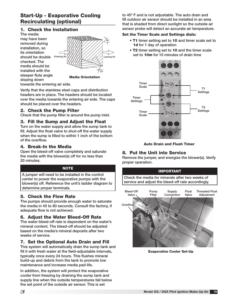 Check the installation, Check the pump filter, Fill the sump and adjust the float | Break-in the media, Put the unit into service, Check the flow rate, Adjust the water bleed-off rate, Set the optional auto drain and fill | Greenheck DG/DGX Pilot Ignition (470651_IOM) User Manual | Page 19 / 40