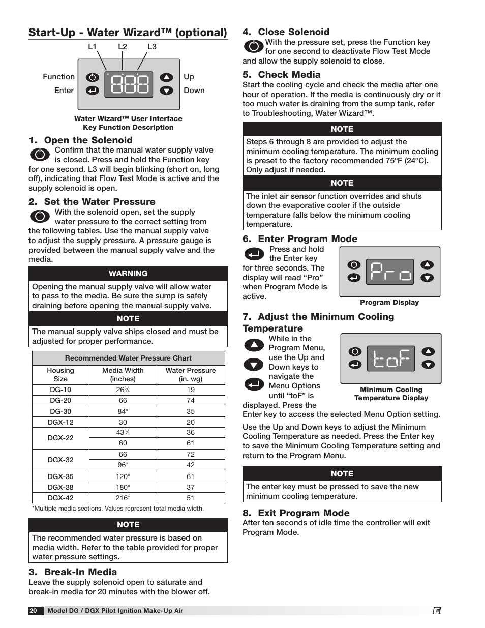 Start-up - water wizard™ (optional), Exit program mode, Adjust the minimum cooling temperature | Close solenoid, Check media, Open the solenoid, Set the water pressure, Enter program mode, Break-in media | Greenheck DG/DGX Pilot Ignition (470651_IOM) User Manual | Page 20 / 40