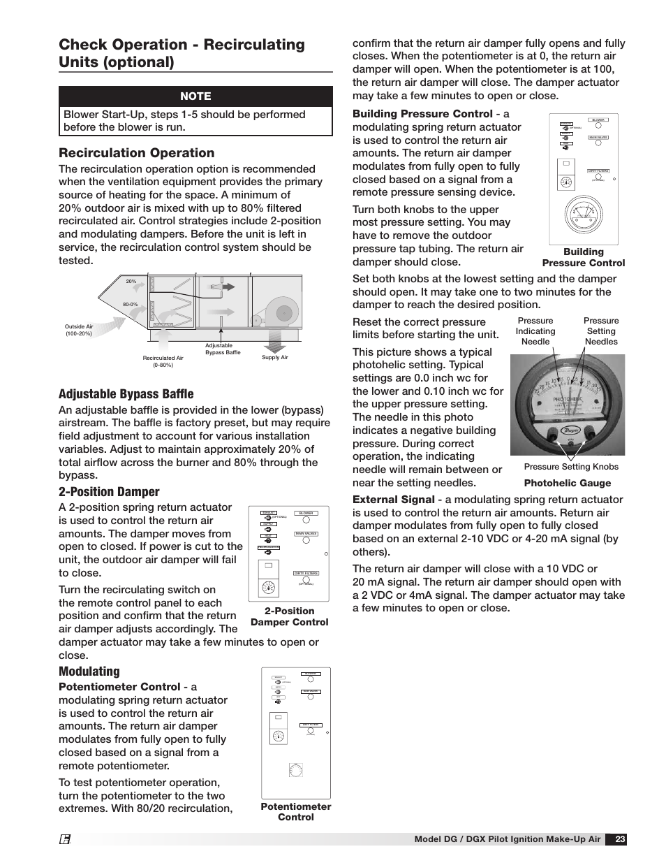 Check operation - recirculating units (optional), Recirculation operation, Adjustable bypass baffle | Position damper, Modulating, Position damper control, Building pressure control, Photohelic gauge | Greenheck DG/DGX Pilot Ignition (470651_IOM) User Manual | Page 23 / 40