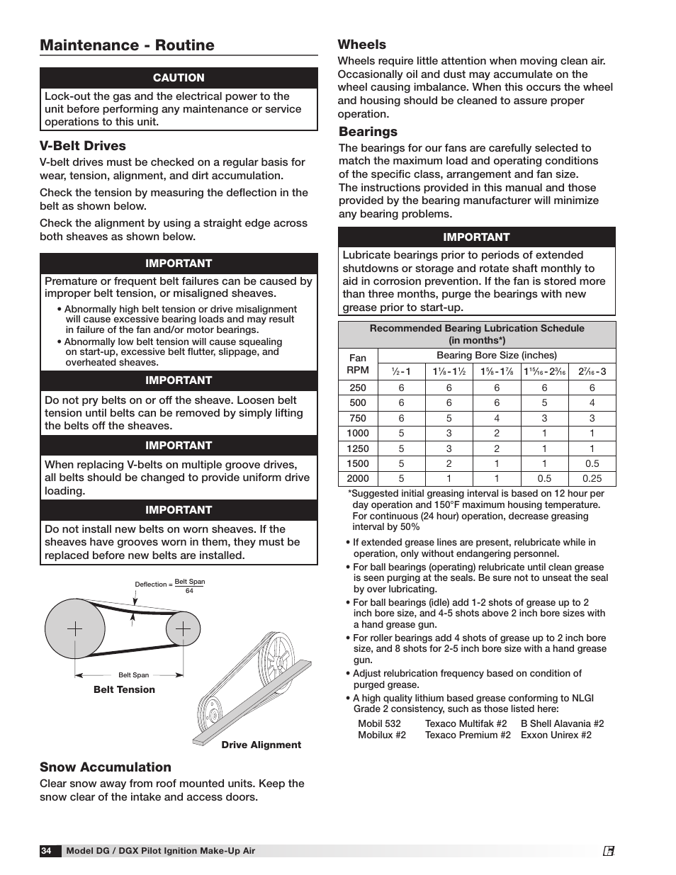 Maintenance - routine, V-belt drives, Wheels | Bearings, Snow accumulation | Greenheck DG/DGX Pilot Ignition (470651_IOM) User Manual | Page 34 / 40