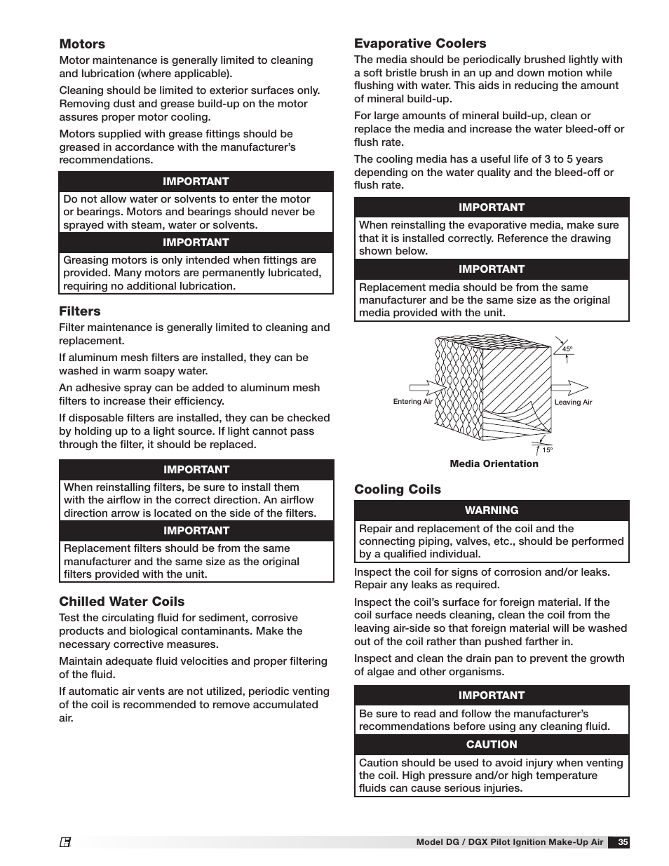 Filters, Evaporative coolers, Motors | Chilled water coils, Cooling coils | Greenheck DG/DGX Pilot Ignition (470651_IOM) User Manual | Page 35 / 40