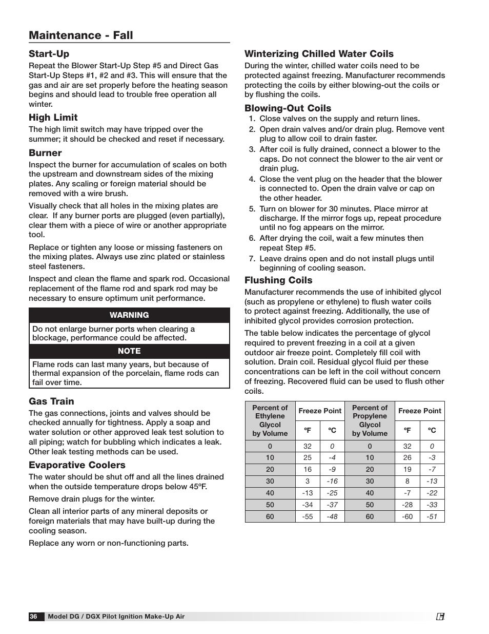 Maintenance - fall, Winterizing chilled water coils, Blowing-out coils | Flushing coils, Start-up, High limit, Burner, Gas train, Evaporative coolers | Greenheck DG/DGX Pilot Ignition (470651_IOM) User Manual | Page 36 / 40