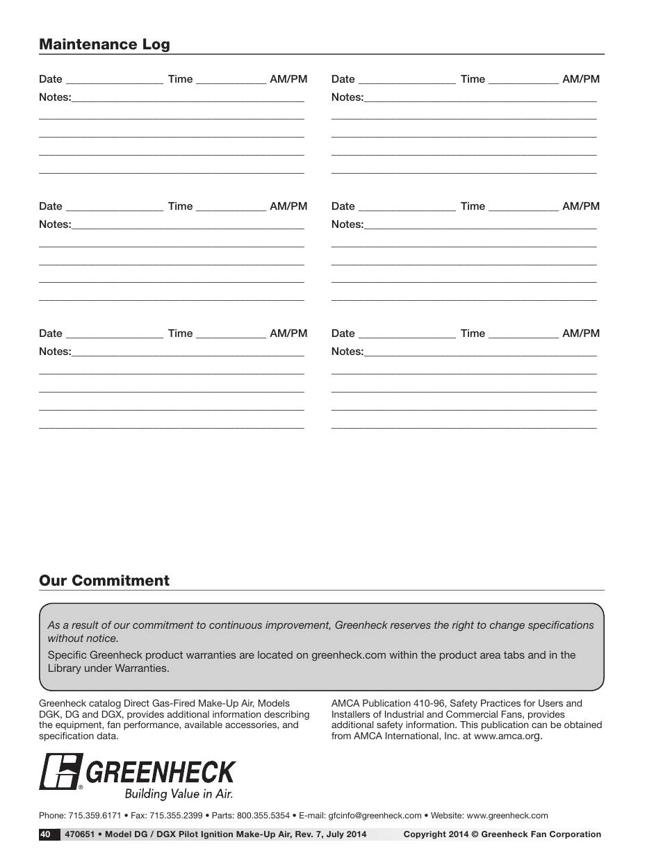 Maintenance log, Our commitment | Greenheck DG/DGX Pilot Ignition (470651_IOM) User Manual | Page 40 / 40