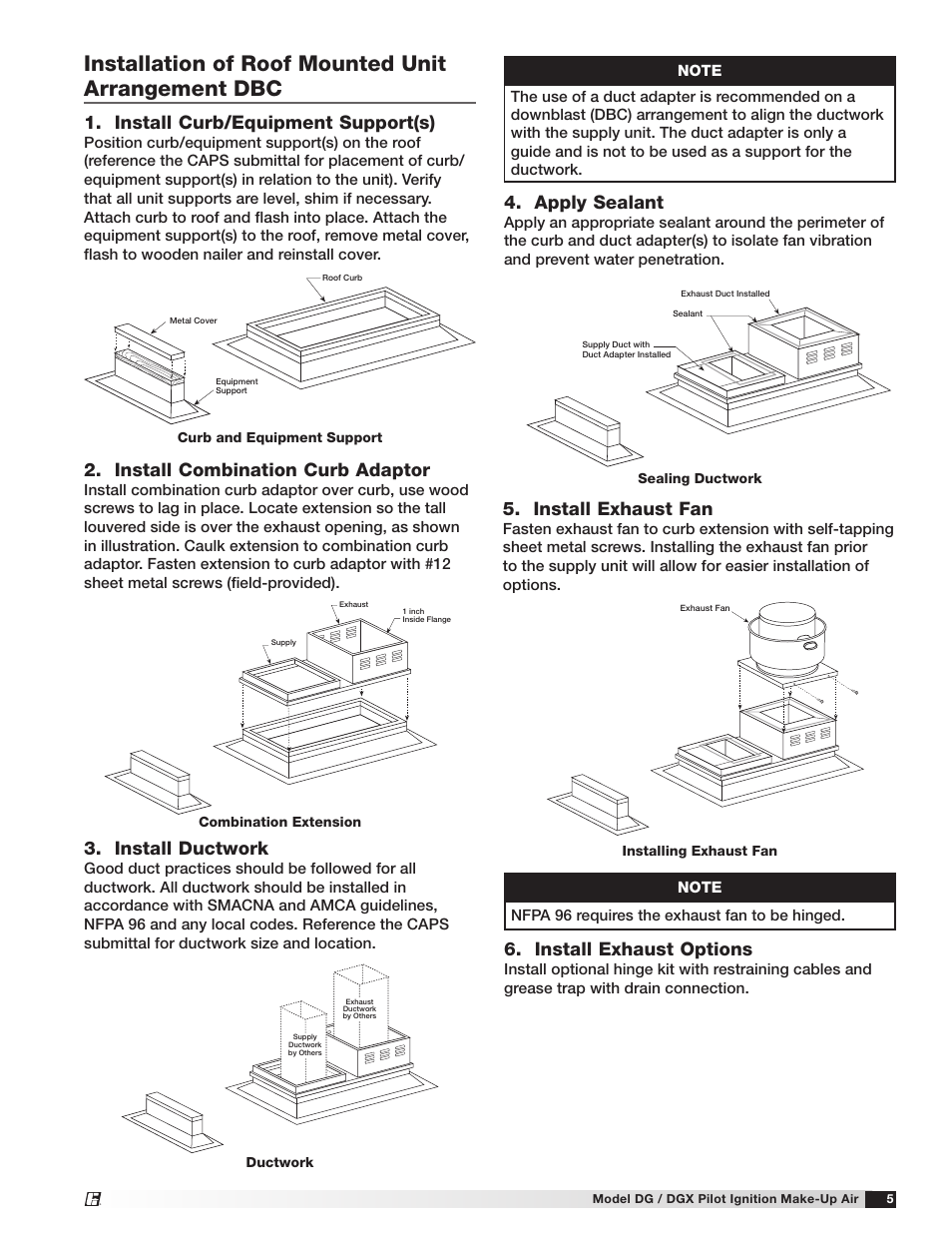 Installation of roof mounted unit arrangement dbc, Install combination curb adaptor, Install curb/equipment support(s) | Install ductwork, Install exhaust options, Apply sealant, Install exhaust fan | Greenheck DG/DGX Pilot Ignition (470651_IOM) User Manual | Page 5 / 40