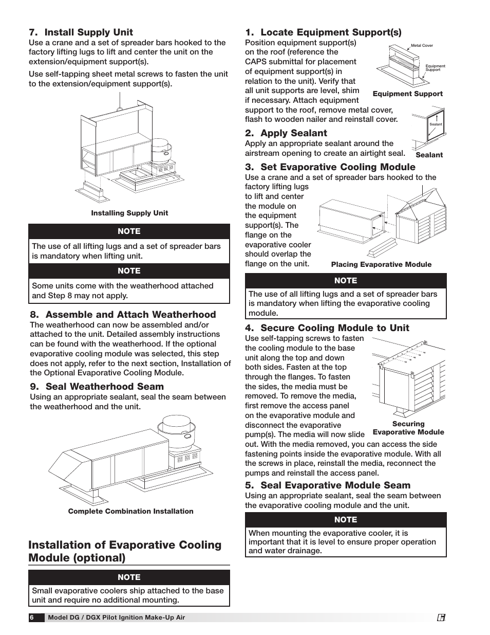Install supply unit, Locate equipment support(s), Apply sealant | Set evaporative cooling module, Assemble and attach weatherhood, Seal weatherhood seam, Secure cooling module to unit, Seal evaporative module seam | Greenheck DG/DGX Pilot Ignition (470651_IOM) User Manual | Page 6 / 40
