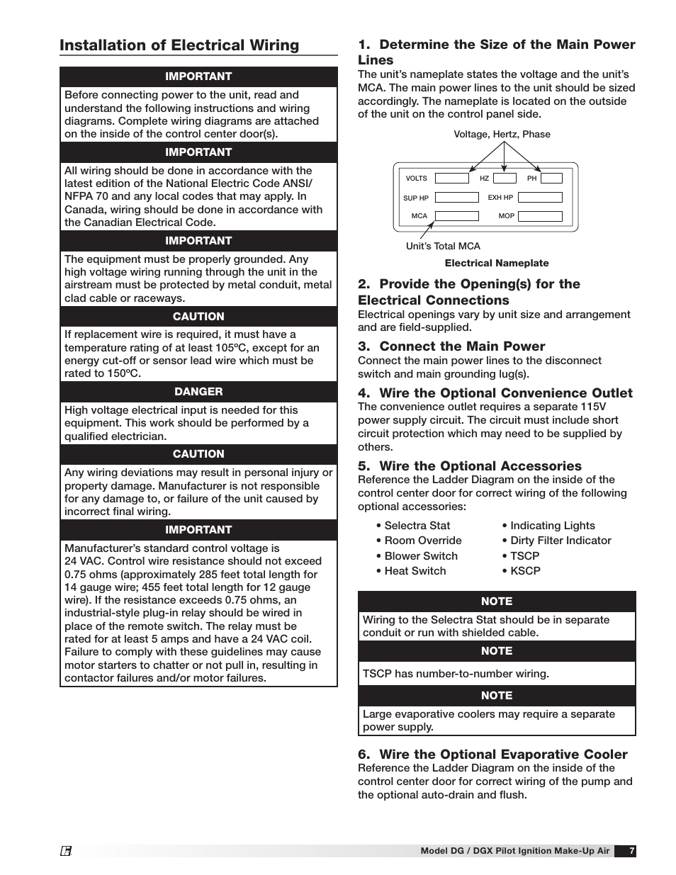 Installation of electrical wiring, Determine the size of the main power lines, Connect the main power | Wire the optional convenience outlet, Wire the optional accessories, Wire the optional evaporative cooler | Greenheck DG/DGX Pilot Ignition (470651_IOM) User Manual | Page 7 / 40