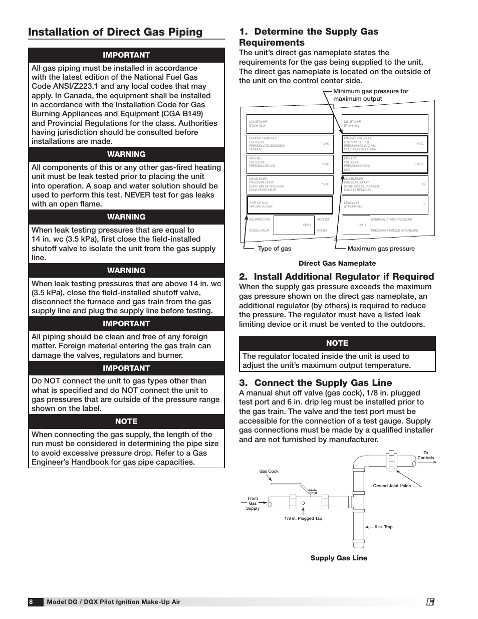 Installation of direct gas piping, Determine the supply gas requirements, Install additional regulator if required | Connect the supply gas line, Supply gas line, Direct gas nameplate | Greenheck DG/DGX Pilot Ignition (470651_IOM) User Manual | Page 8 / 40