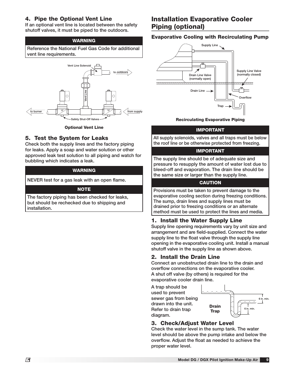 Installation evaporative cooler piping (optional), Install the water supply line, Install the drain line | Check/adjust water level, Test the system for leaks, Pipe the optional vent line, Evaporative cooling with recirculating pump | Greenheck DG/DGX Pilot Ignition (470651_IOM) User Manual | Page 9 / 40
