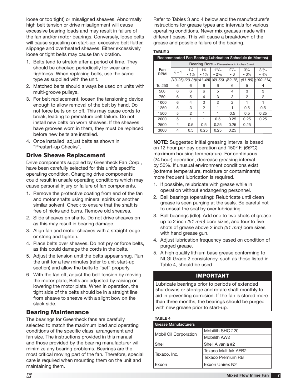 Drive sheave replacement, Bearing maintenance, Important | Greenheck EQB (479049) User Manual | Page 7 / 8