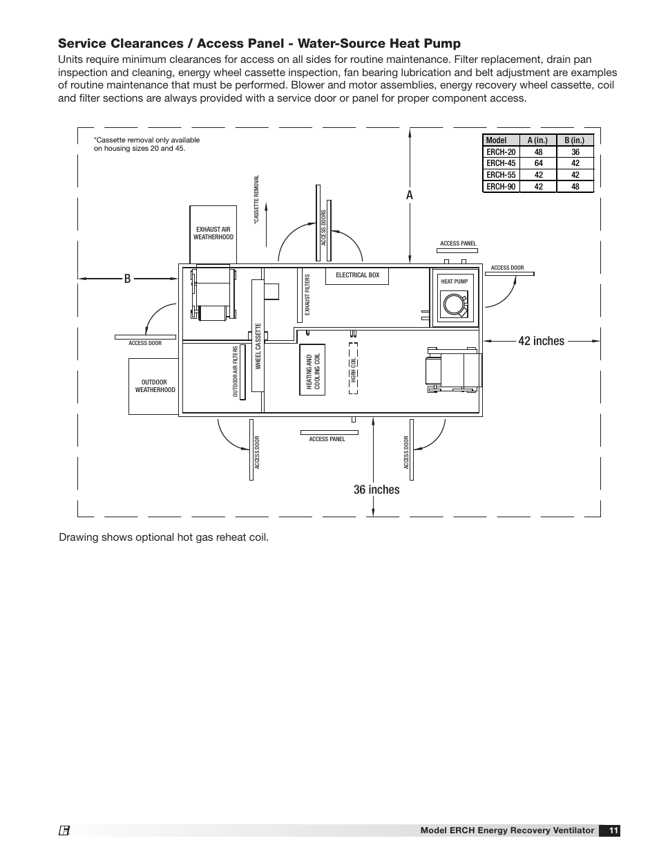 36 inches, 42 inches, Drawing shows optional hot gas reheat coil | Greenheck ERCH (476054) User Manual | Page 11 / 56