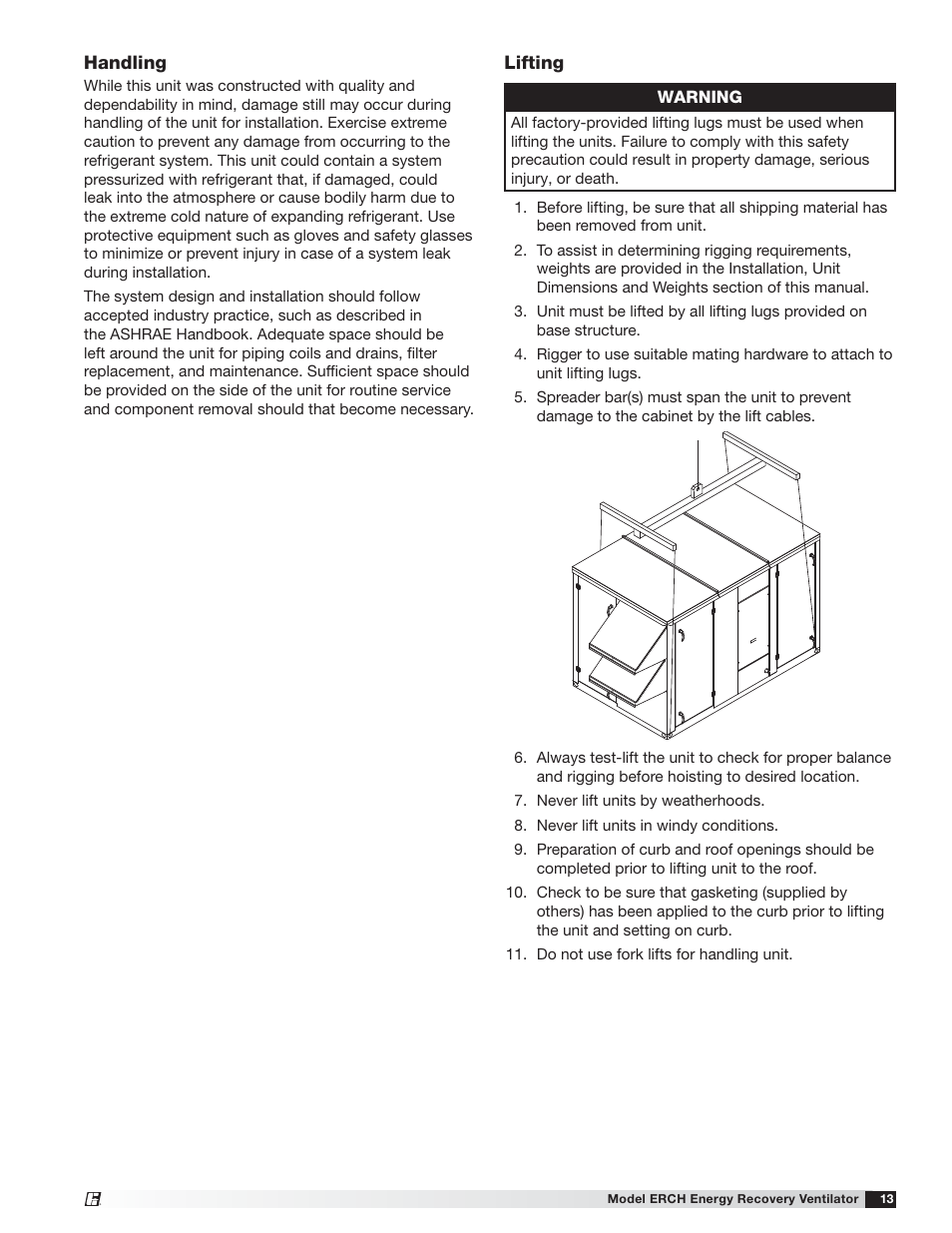 Lifting, Handling | Greenheck ERCH (476054) User Manual | Page 13 / 56