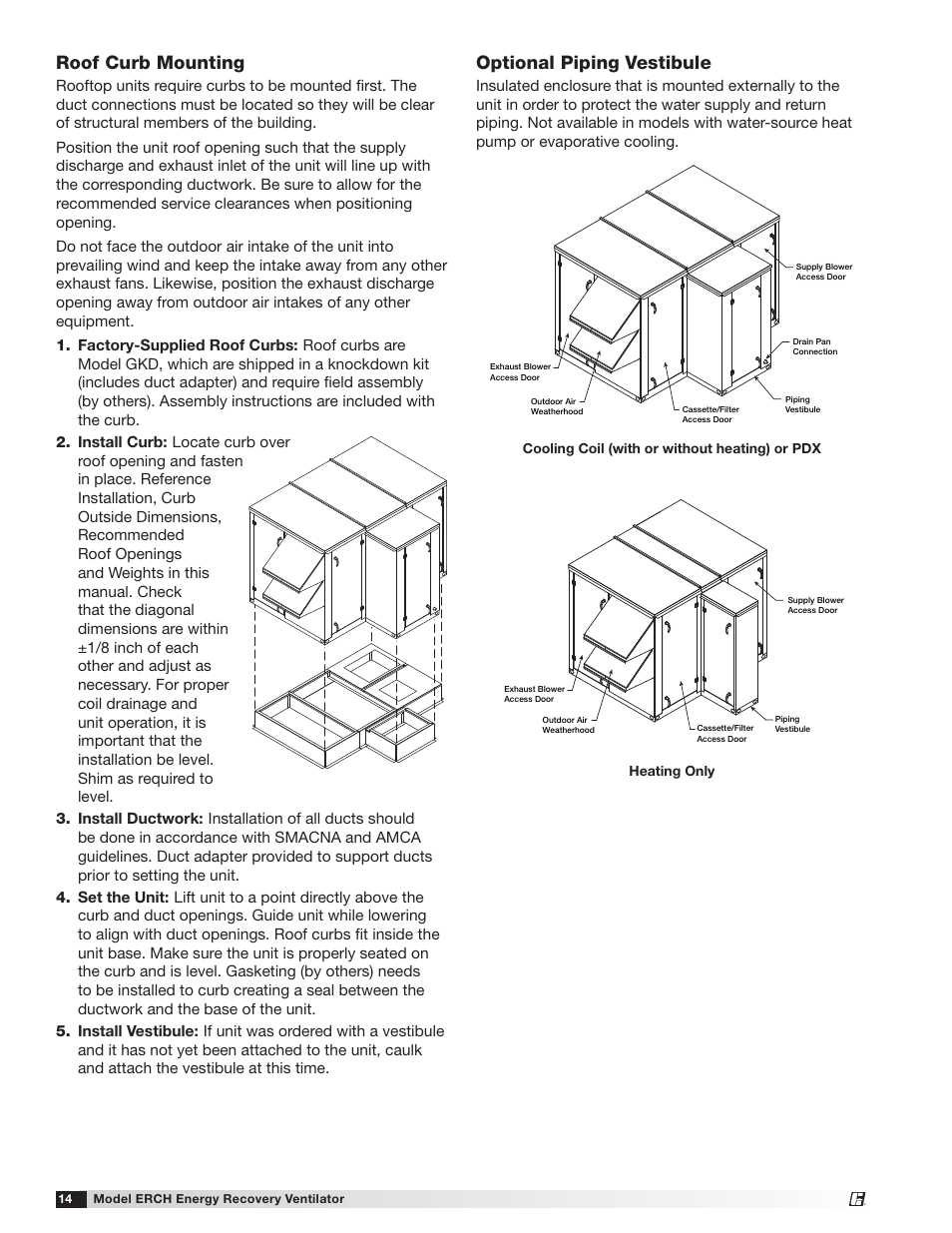 Roof curb mounting, Optional piping vestibule | Greenheck ERCH (476054) User Manual | Page 14 / 56