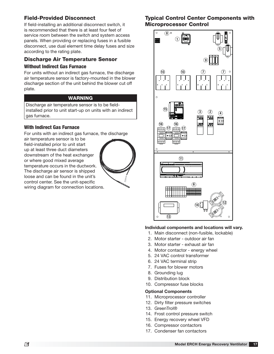 Field-provided disconnect, Discharge air temperature sensor, Without indirect gas furnace | With indirect gas furnace, Warning | Greenheck ERCH (476054) User Manual | Page 17 / 56