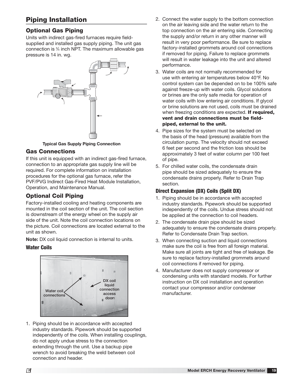 Piping installation, Optional gas piping, Gas connections | Optional coil piping, Water coils, Direct expansion (dx) coils (split dx) | Greenheck ERCH (476054) User Manual | Page 19 / 56