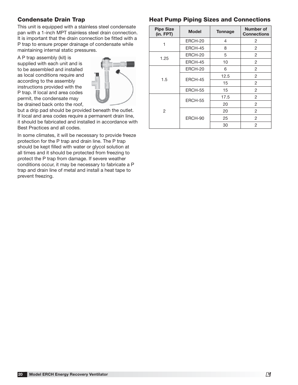 Condensate drain trap, Heat pump piping sizes and connections | Greenheck ERCH (476054) User Manual | Page 20 / 56