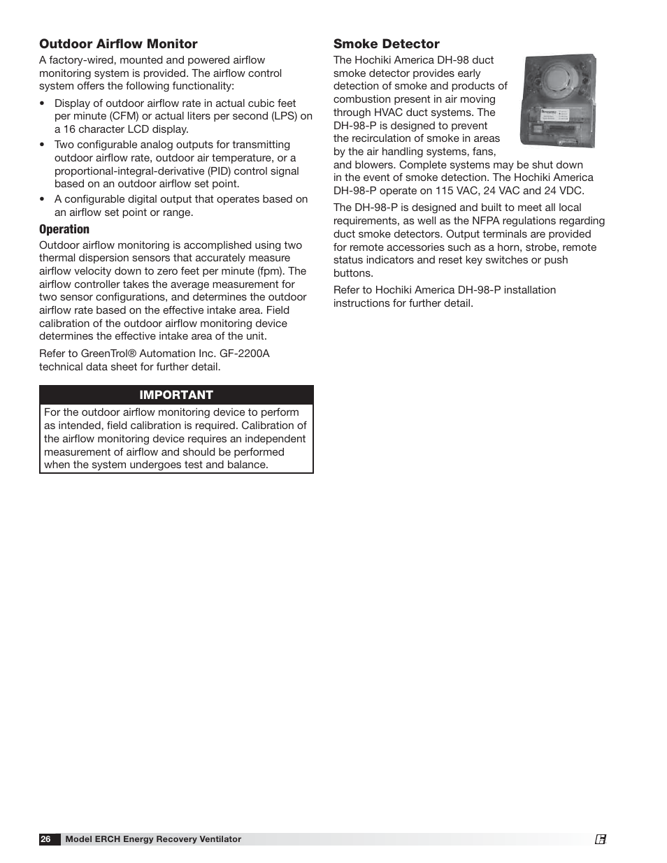 Smoke detector, Outdoor airﬂow monitor | Greenheck ERCH (476054) User Manual | Page 26 / 56