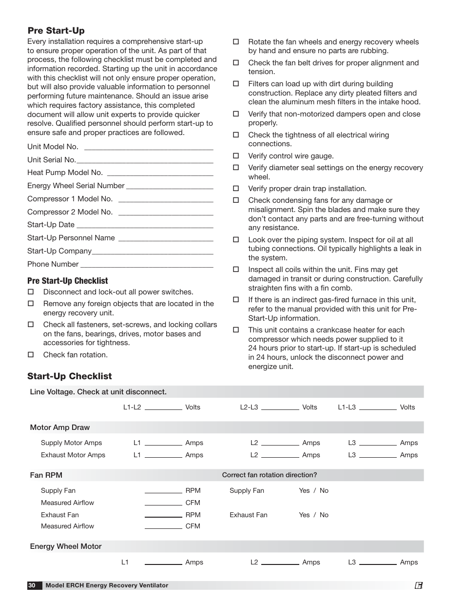 Start-up checklist pre start-up | Greenheck ERCH (476054) User Manual | Page 30 / 56