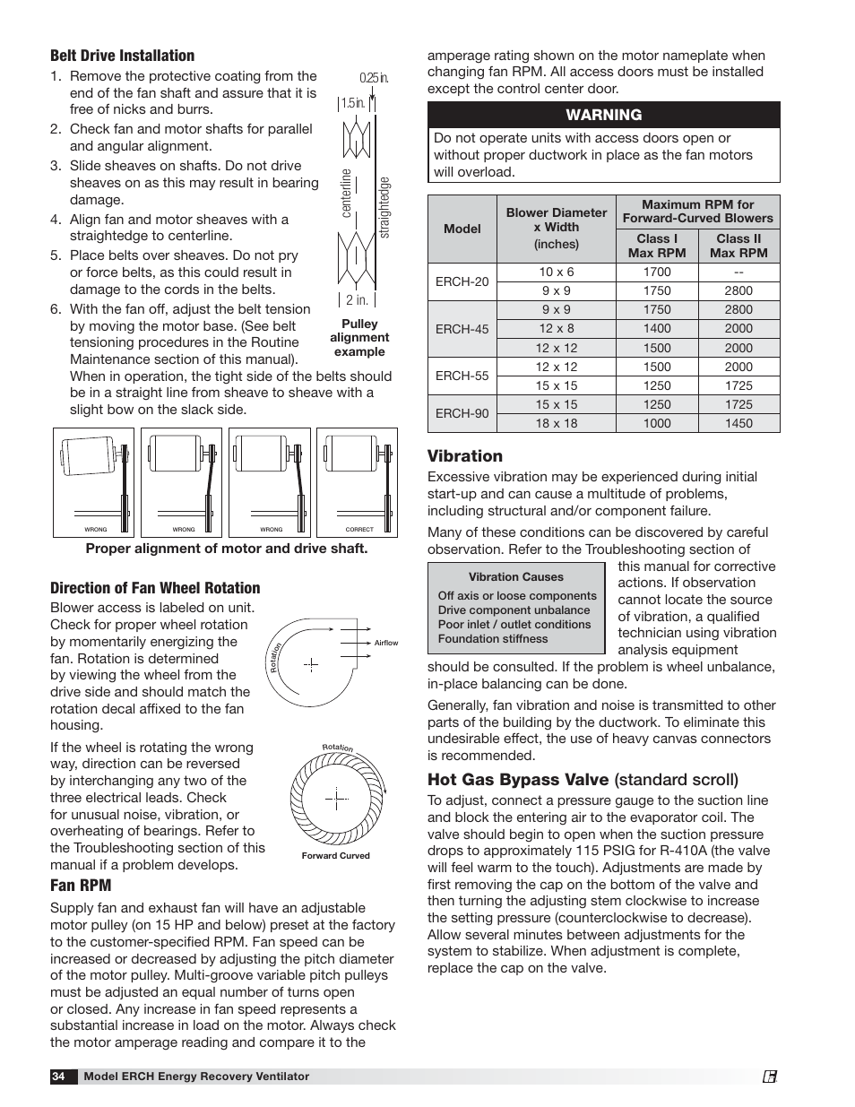 Fan rpm, Vibration, Hot gas bypass valve (standard scroll) | Belt drive installation, Direction of fan wheel rotation, Warning | Greenheck ERCH (476054) User Manual | Page 34 / 56