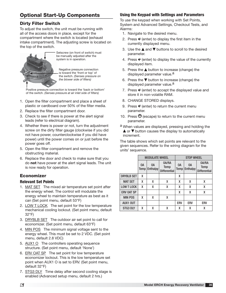 Optional start-up components, Dirty filter switch, Economizer | Greenheck ERCH (476054) User Manual | Page 35 / 56