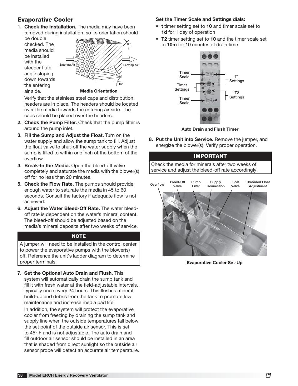 Evaporative cooler, Important | Greenheck ERCH (476054) User Manual | Page 38 / 56
