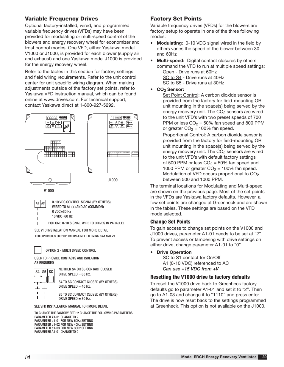 Variable frequency drives, Factory set points, Change set points | Resetting the v1000 drive to factory defaults | Greenheck ERCH (476054) User Manual | Page 39 / 56