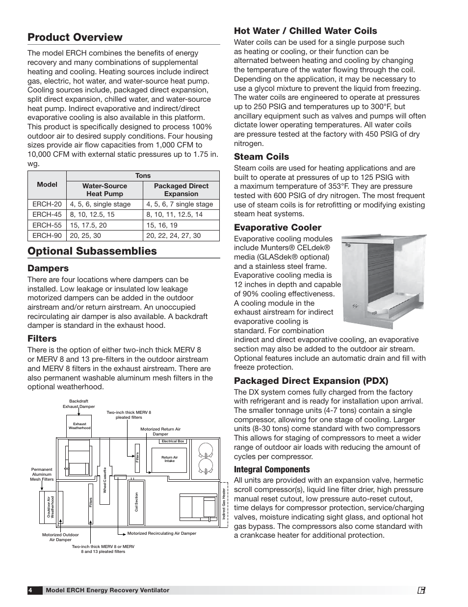 Product overview, Optional subassemblies, Hot water / chilled water coils | Steam coils, Evaporative cooler, Packaged direct expansion (pdx), Dampers, Filters, Integral components | Greenheck ERCH (476054) User Manual | Page 4 / 56