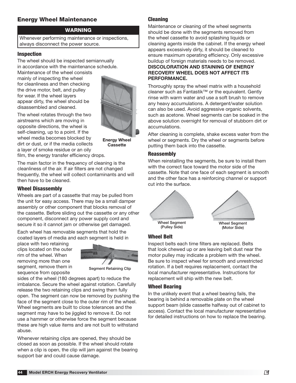 Energy wheel maintenance | Greenheck ERCH (476054) User Manual | Page 44 / 56