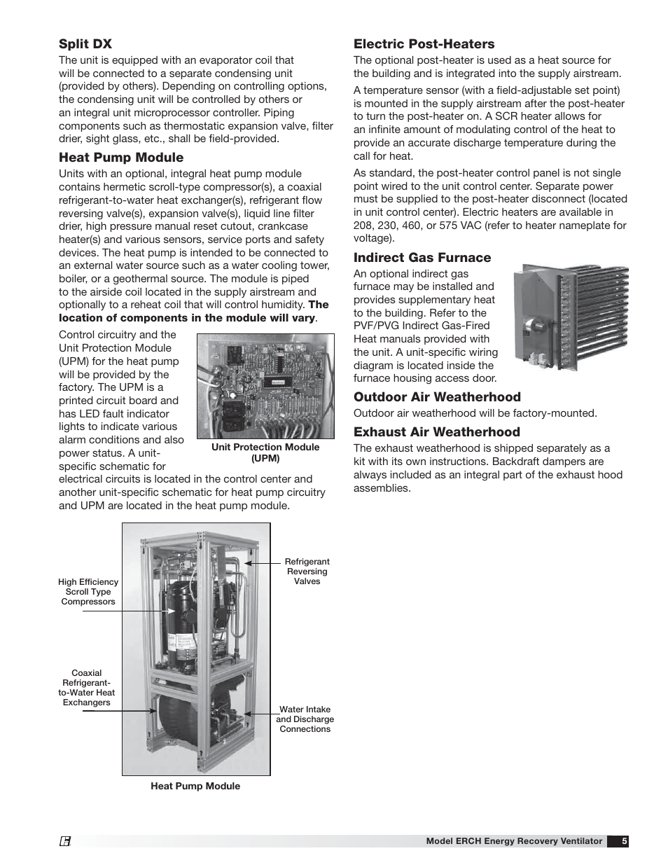 Electric post-heaters, Indirect gas furnace, Outdoor air weatherhood | Exhaust air weatherhood, Split dx, Heat pump module | Greenheck ERCH (476054) User Manual | Page 5 / 56