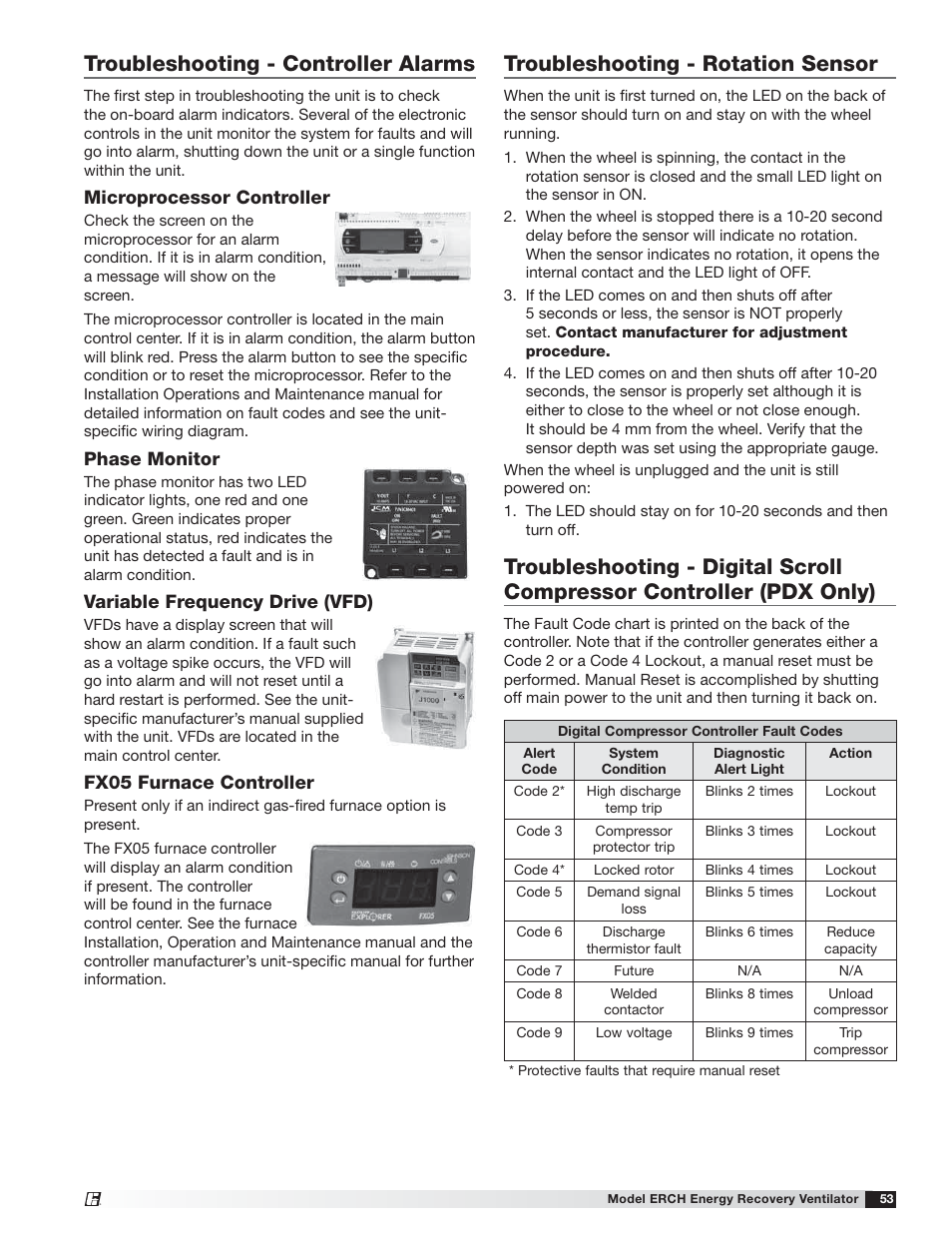Troubleshooting - rotation sensor, Troubleshooting - controller alarms, Microprocessor controller | Phase monitor, Variable frequency drive (vfd), Fx05 furnace controller | Greenheck ERCH (476054) User Manual | Page 53 / 56