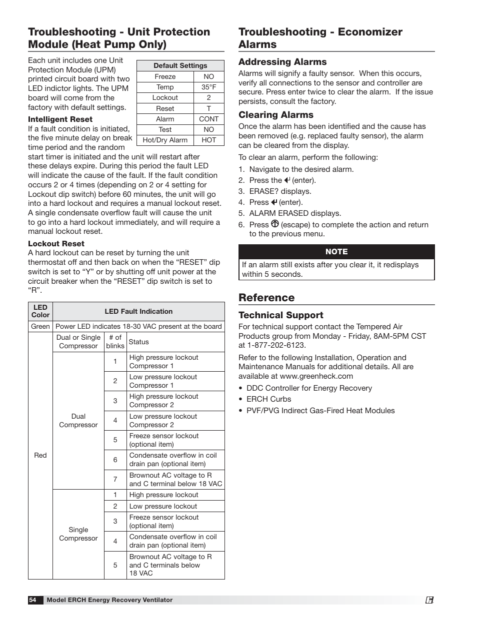 Troubleshooting - economizer alarms, Reference, Addressing alarms | Clearing alarms, Technical support | Greenheck ERCH (476054) User Manual | Page 54 / 56