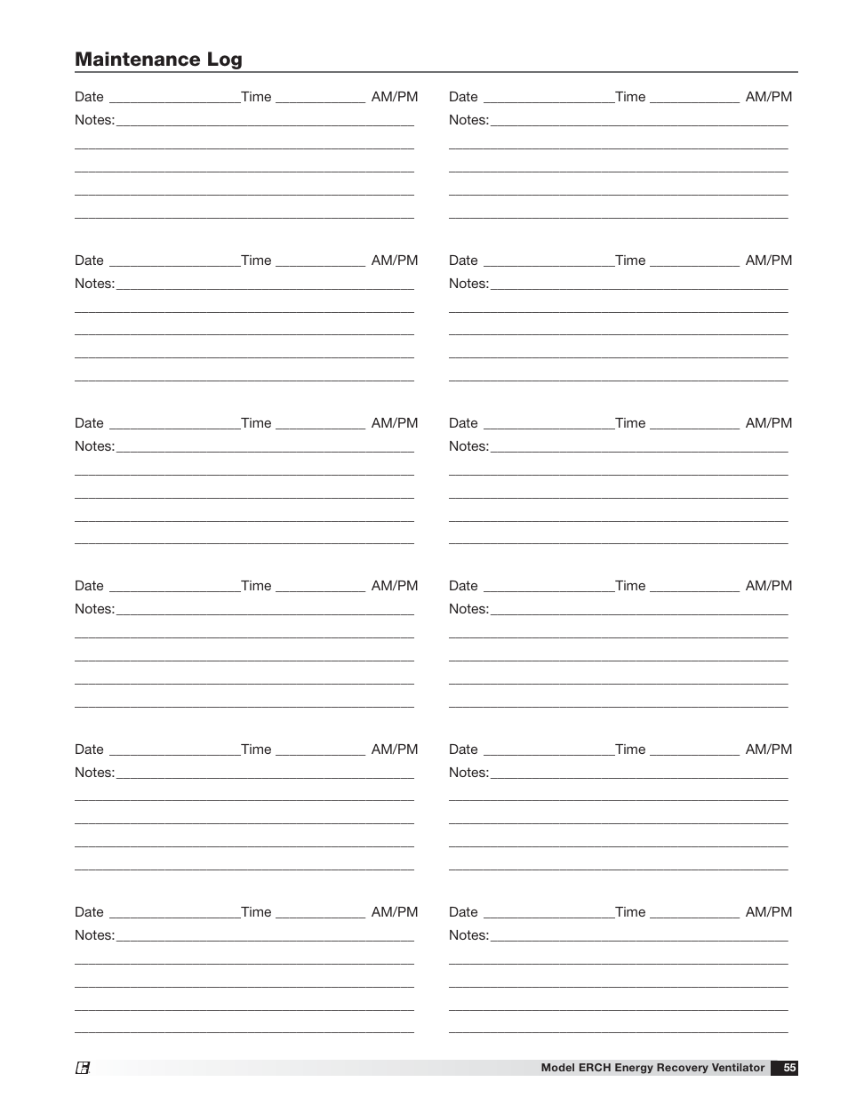 Maintenance log | Greenheck ERCH (476054) User Manual | Page 55 / 56