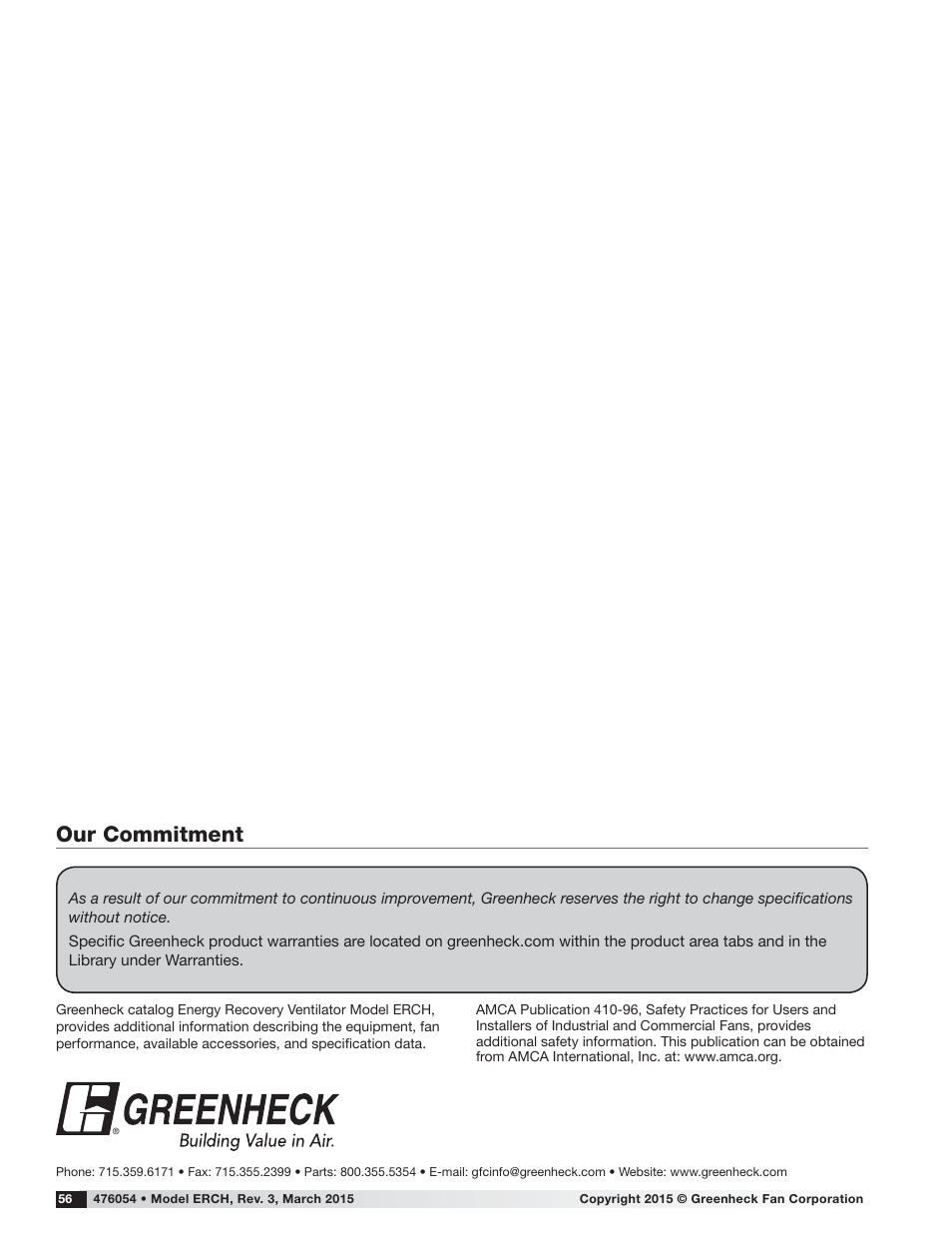 Our commitment | Greenheck ERCH (476054) User Manual | Page 56 / 56