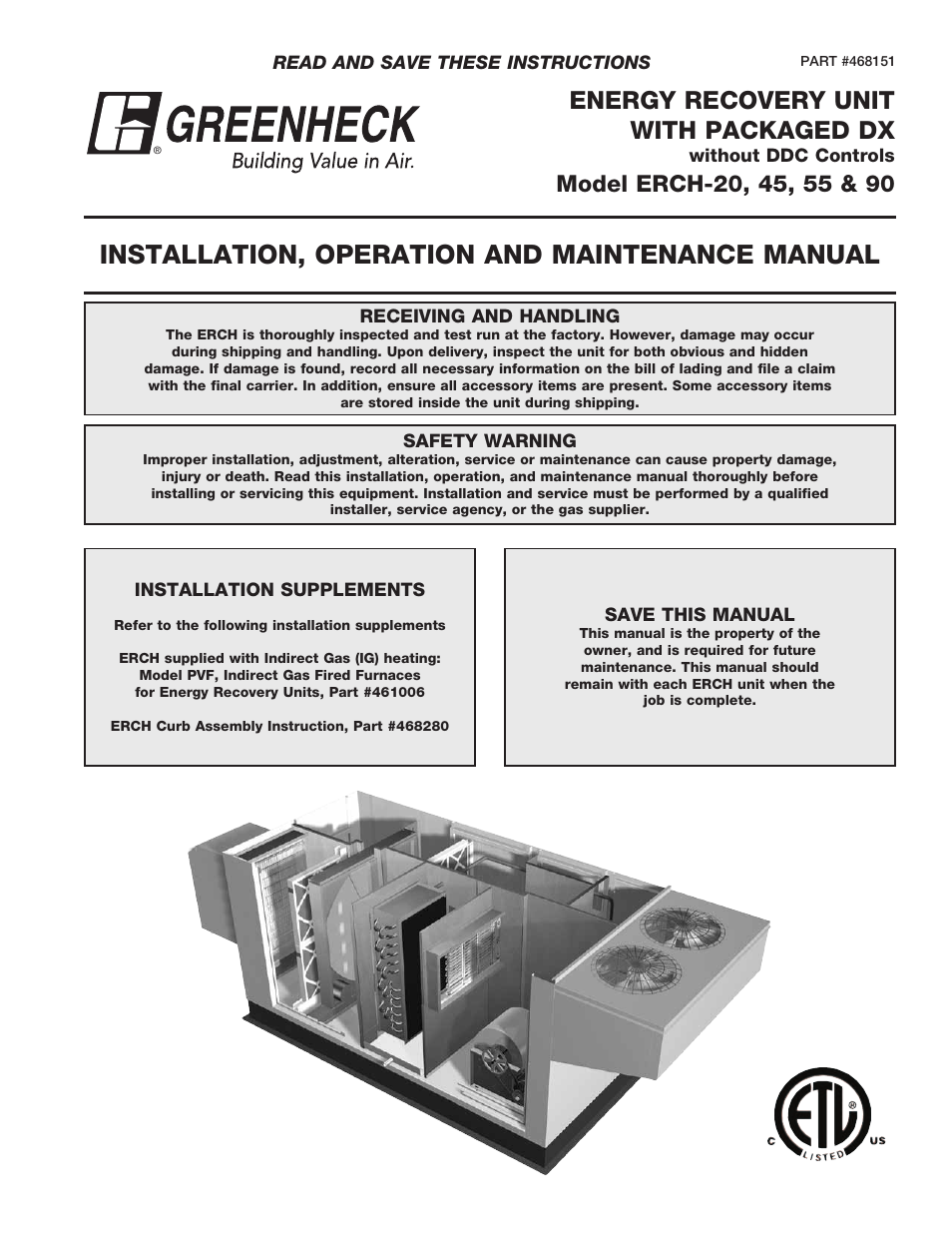 Greenheck ERCH - Energy Recovery Unit with Packaged DX (468151) User Manual | 52 pages