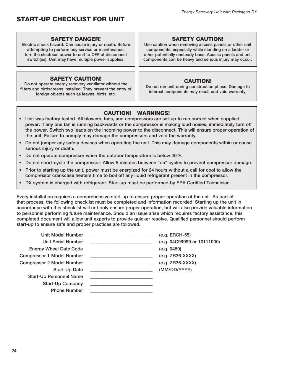 Start-up checklist for unit | Greenheck ERCH - Energy Recovery Unit with Packaged DX (468151) User Manual | Page 24 / 52