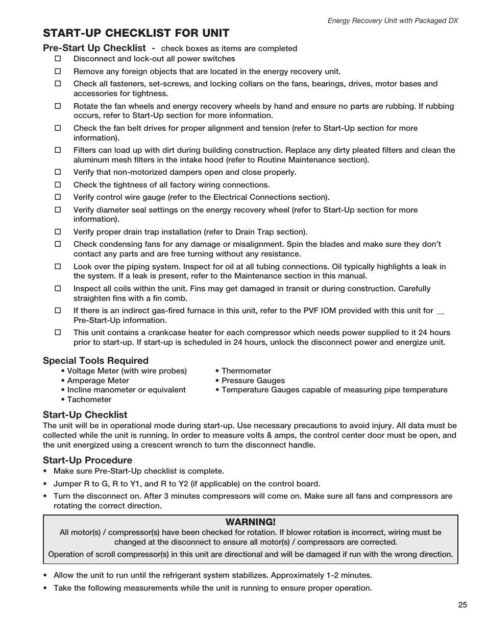 Start-up checklist for unit | Greenheck ERCH - Energy Recovery Unit with Packaged DX (468151) User Manual | Page 25 / 52