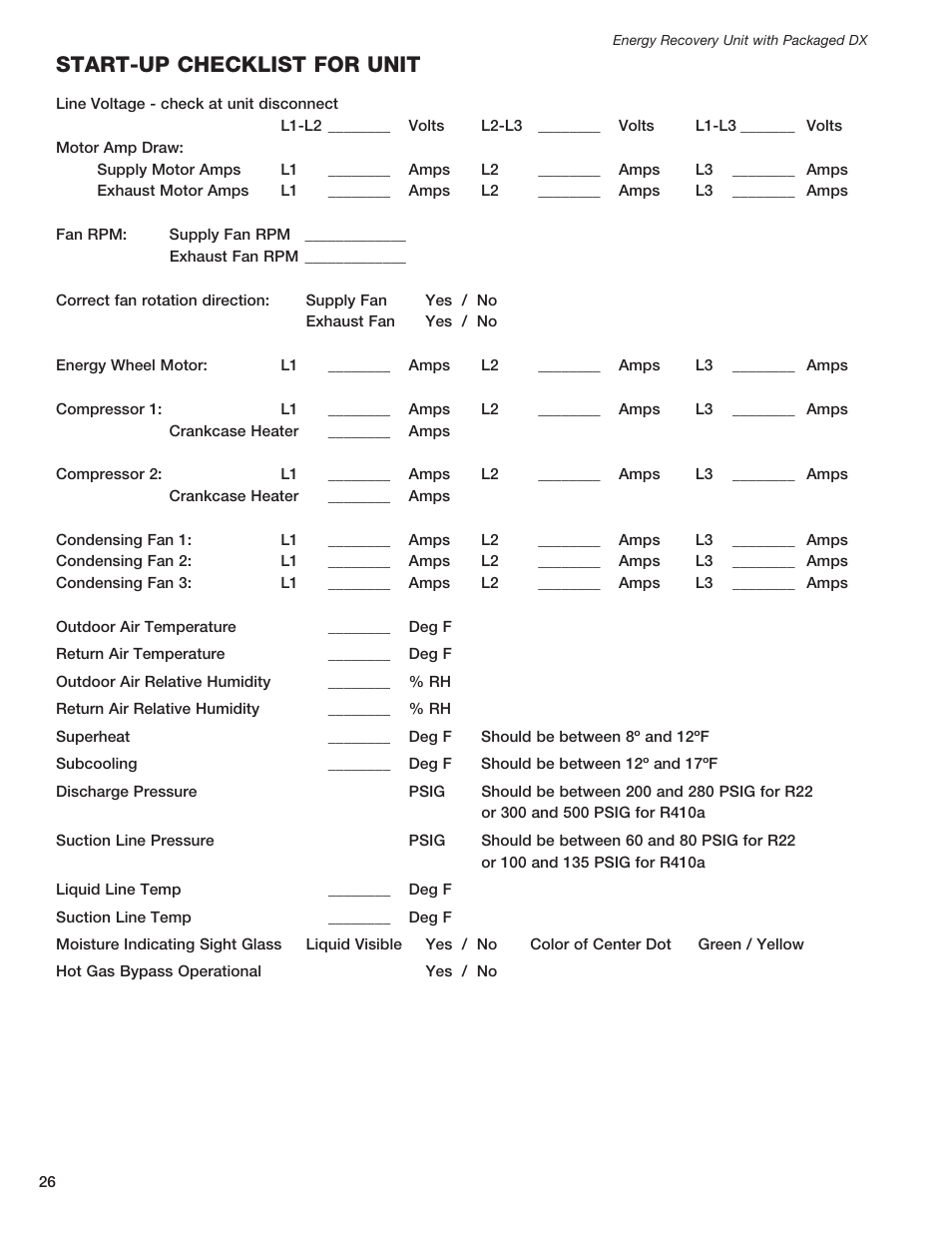 Start-up checklist for unit | Greenheck ERCH - Energy Recovery Unit with Packaged DX (468151) User Manual | Page 26 / 52